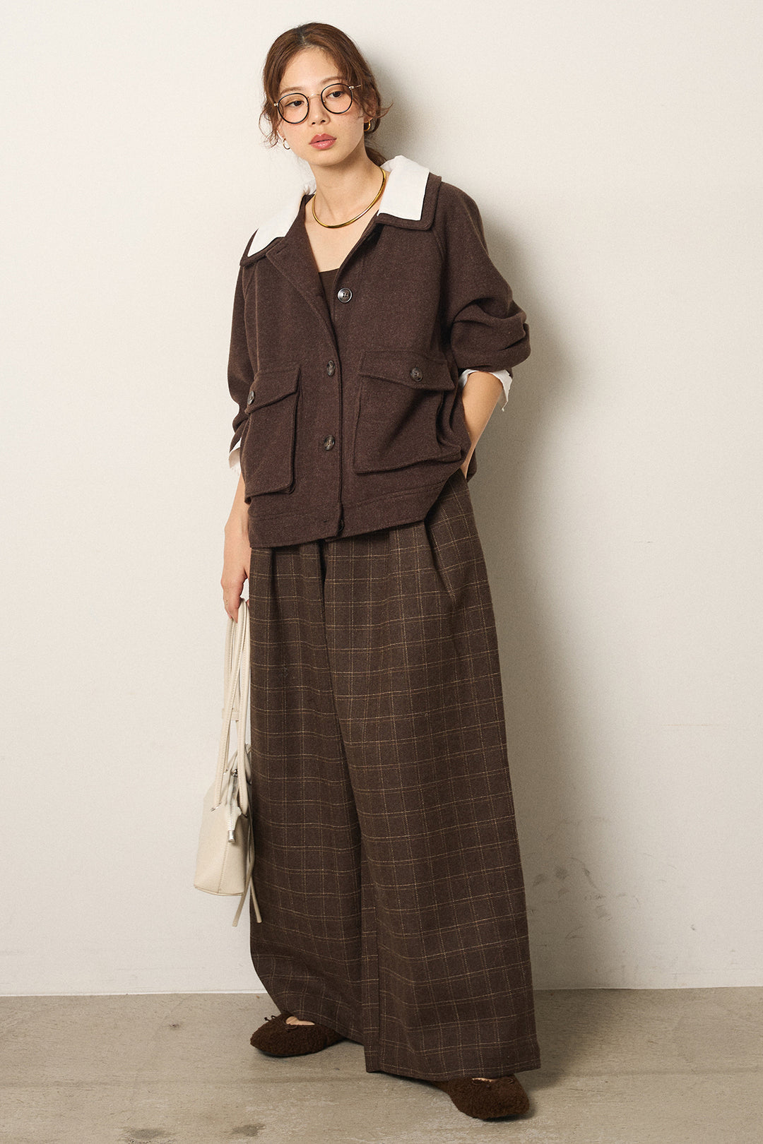 [SET]衿レイヤードフェイクウールジャケット+ウールライクチェックタックパンツ(2set)