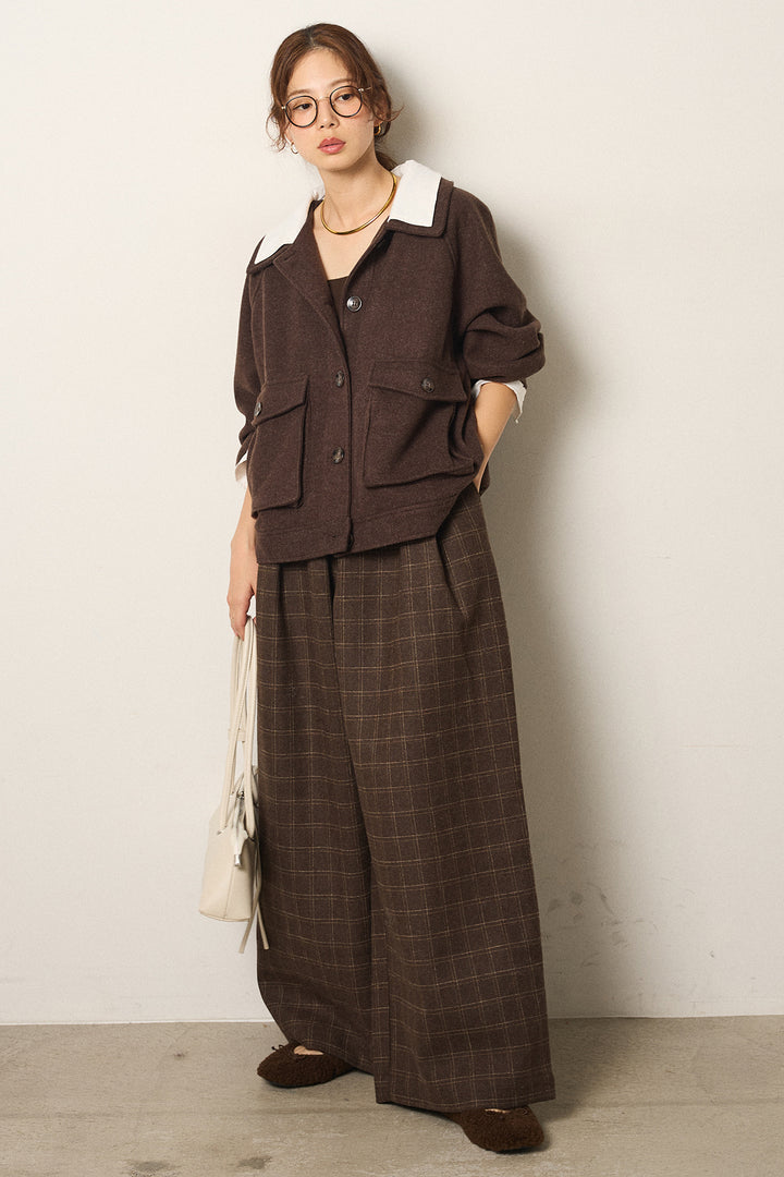 [SET]衿レイヤードフェイクウールジャケット+ウールライクチェックタックパンツ(2set)