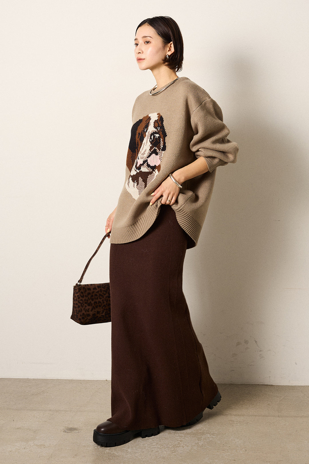 [SET]アニマルジャガード柄ニットトップス+リブナローニットスカート(2set)