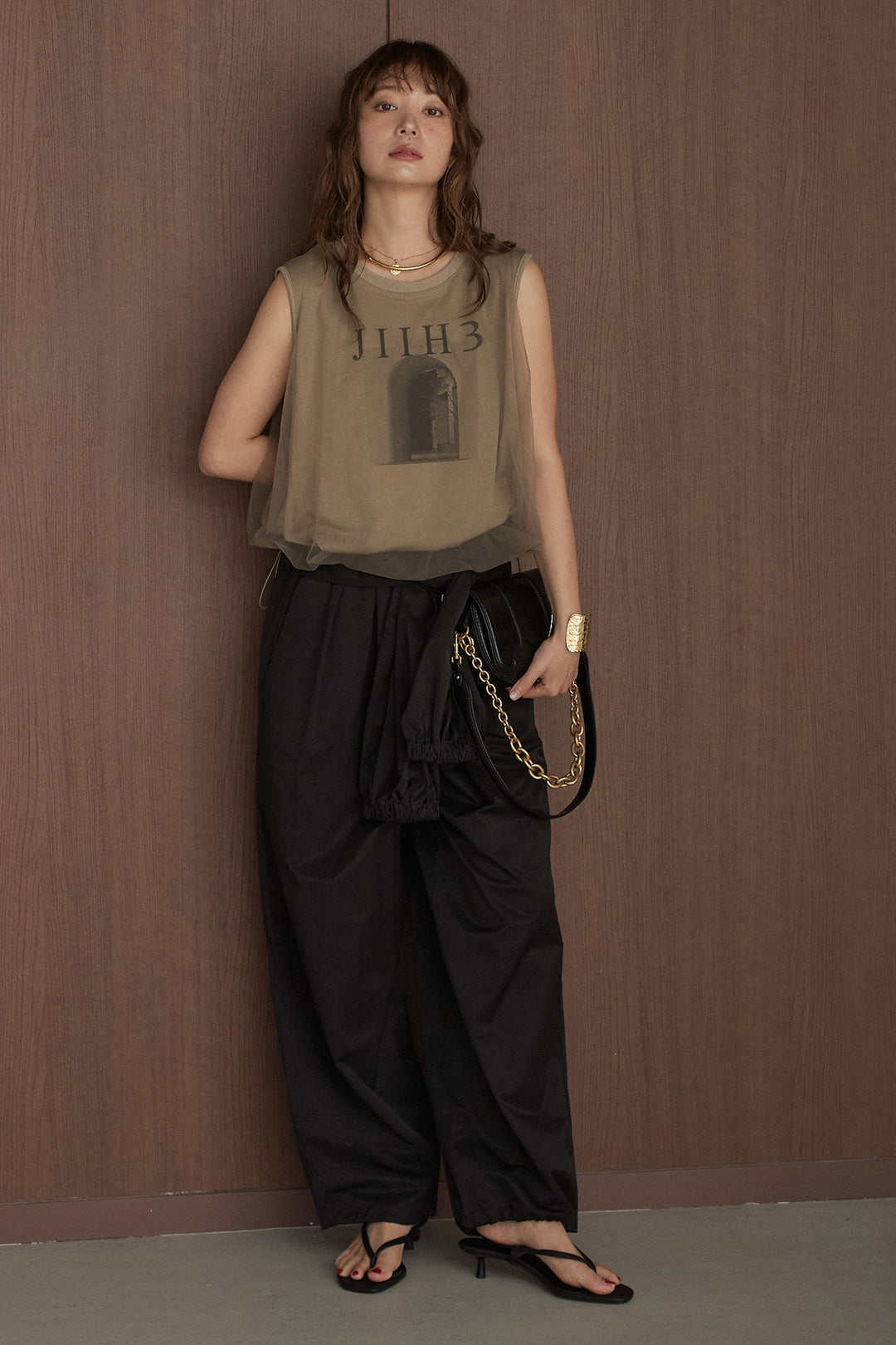 [SET]グラフィックチュールレイヤードバルーンT+合繊維ツイルウエスト巻きジョガーパンツ(2set)