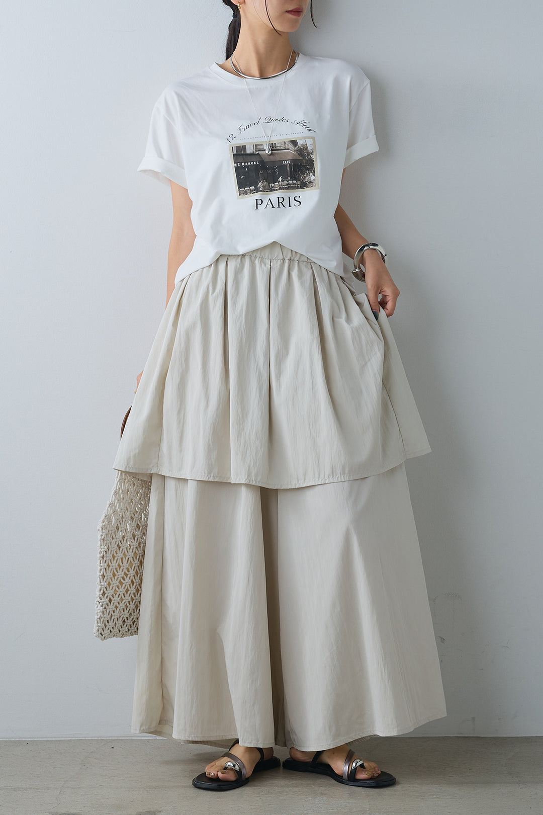 [SET]PARISフォトTシャツ+タックスカートドッキングフレアパンツ(2set)