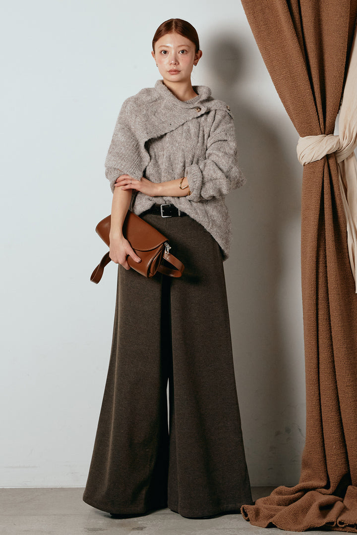 [SET]ケープデザインケーブルニットトップス+ベルト付きフロントタックデザインパンツ(2set)