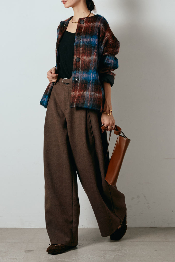 [SET]ノーカラーシャギーチェックアウター+ポーチベルト付きカーブパンツ(2set)