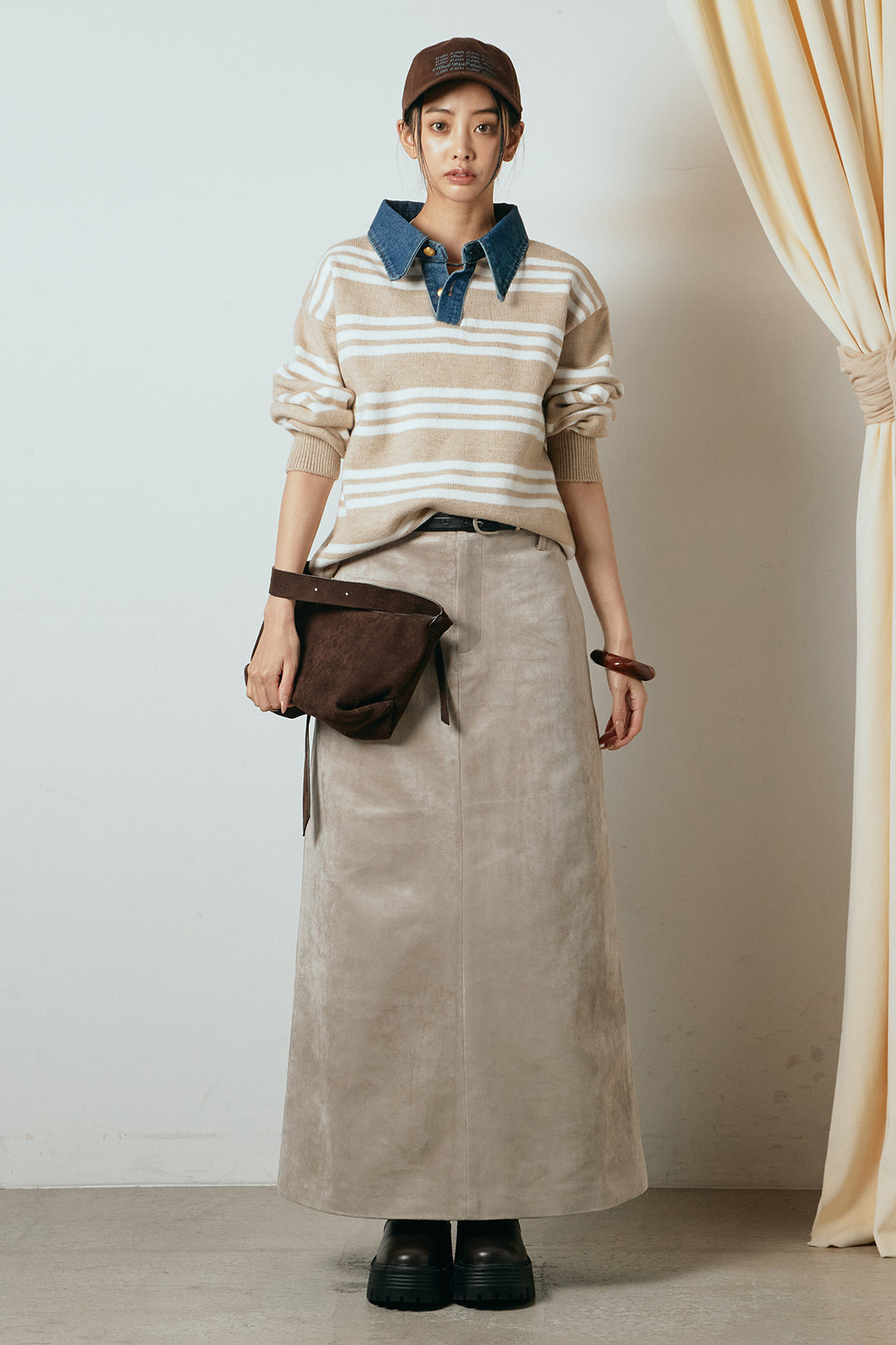 [SET]デニムレイヤード風ランダムボーダーニットプルオーバー+エコスウェードワイドスカート(2set)