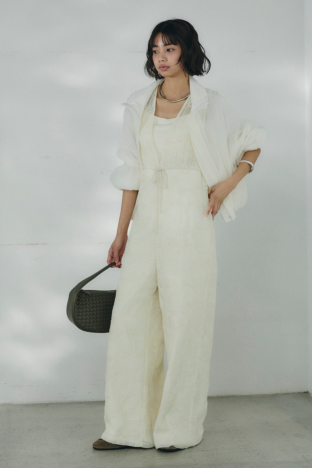 [SET]スタンドネックシアーブルゾン+レースサロペット(2set)