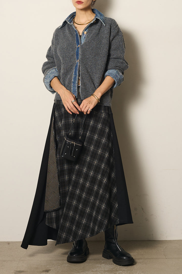 [SET]ニットドッキングデニムシャツ+フェイクレザーサイドベルトワイドパンツ+フェイクレザーベルト付き切り替えタータンチェックスカート(3set)