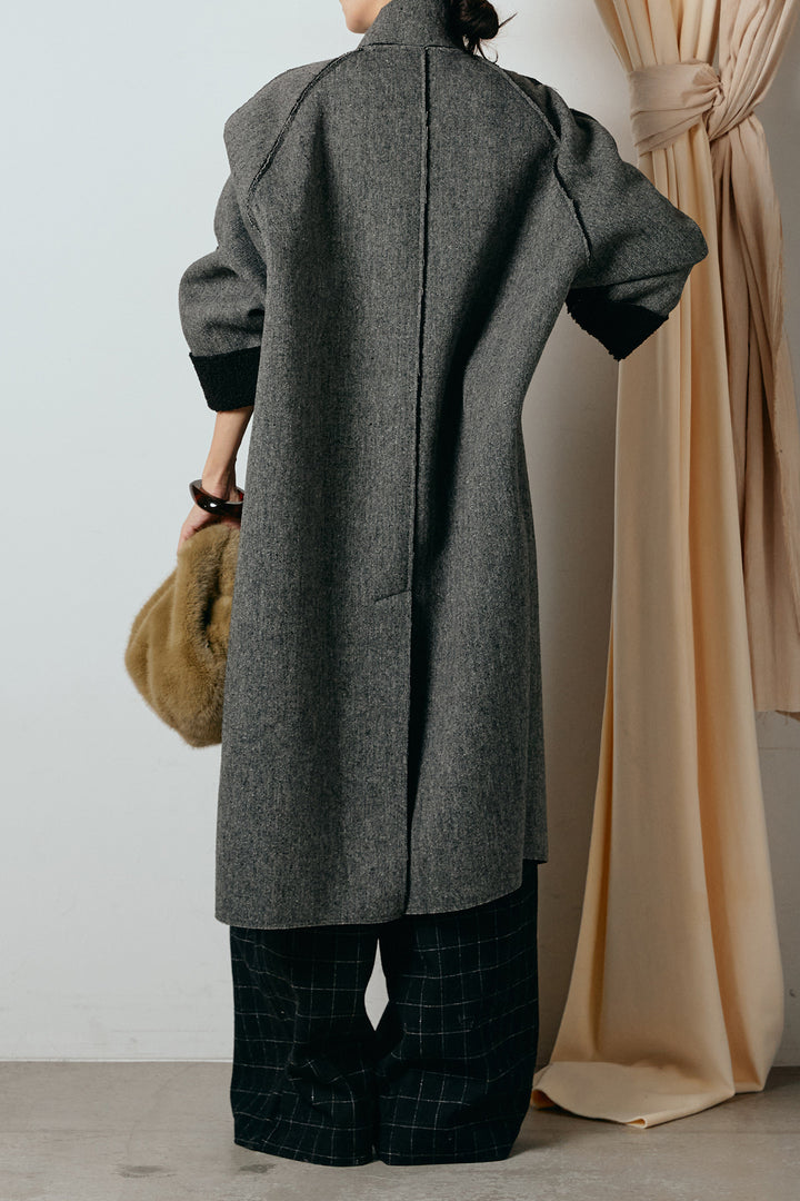 [SET]裏地ボアハイネックロングアウター+ウールライクチェックタックパンツ(2set)