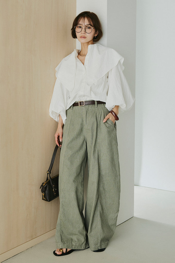 [SET]ケープカラーナイロンブラウス+サイドベルトカーブワイドパンツ(2set)
