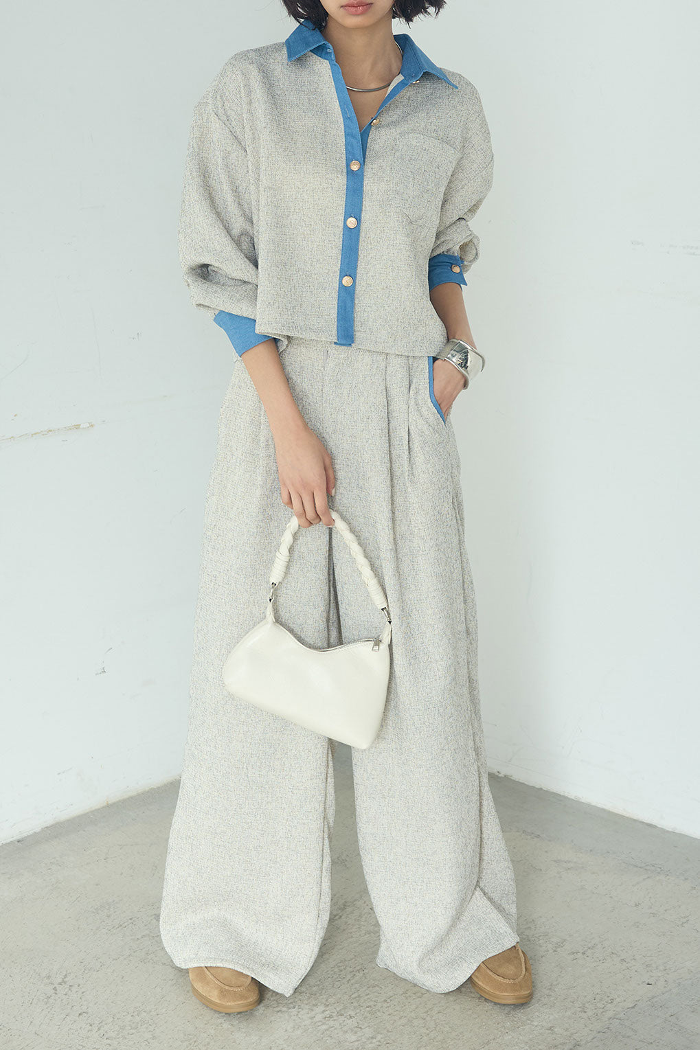 [SET]ツイード×デニムショート丈シャツ+ツイード×デニムハイウエストラインロングパンツ(2set)