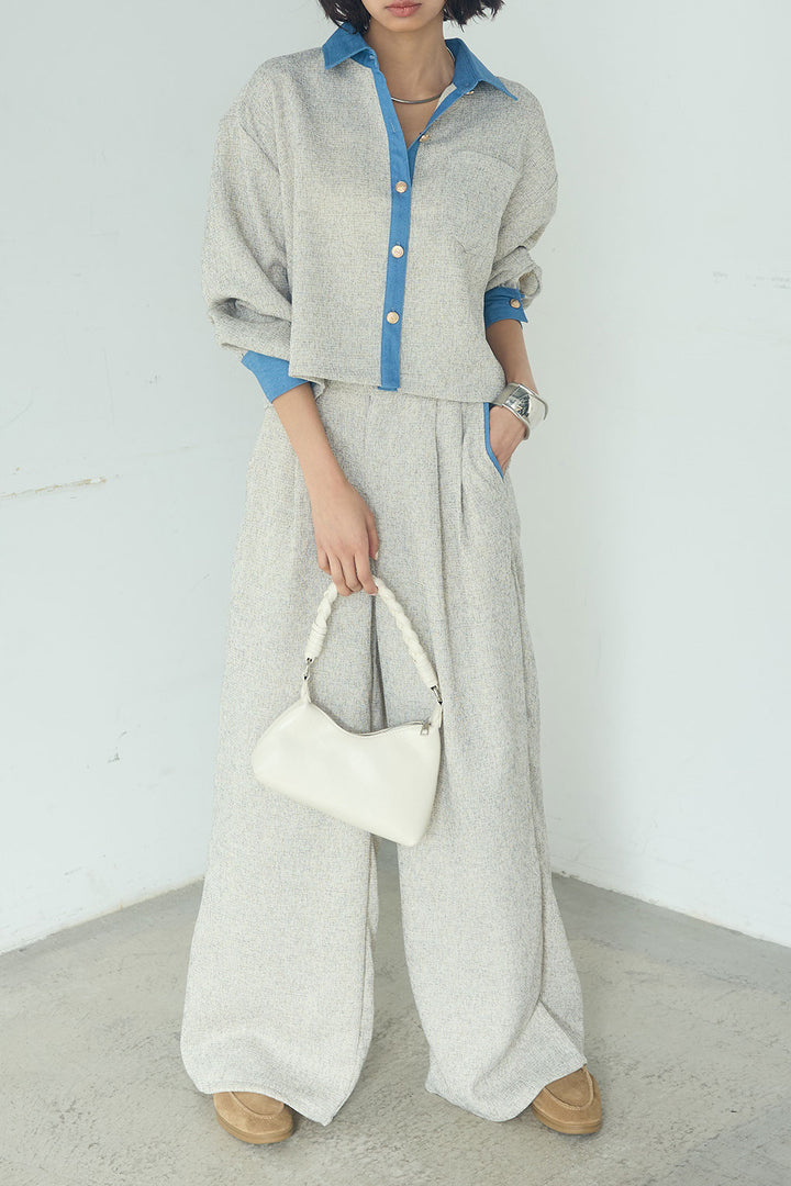 [SET]ツイード×デニムショート丈シャツ+ツイード×デニムハイウエストラインロングパンツ(2set)