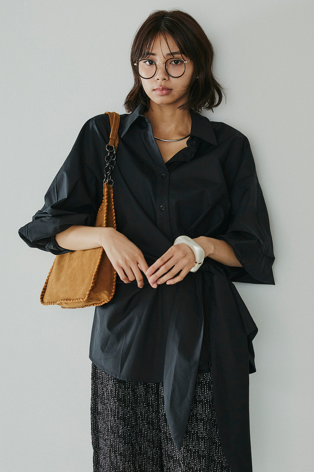 [SET]襟付き巻きデザインシャツ+シアーランダムドットラフパンツ(2set)