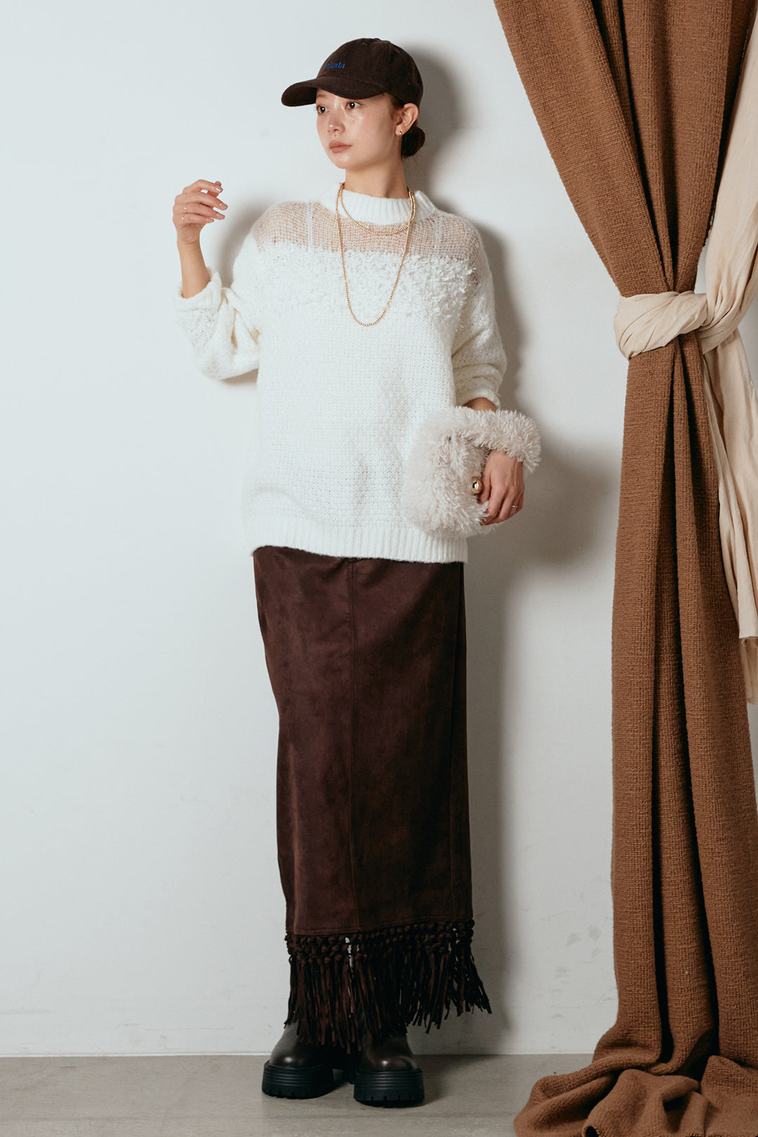 [SET]パターンランダム編みニットトップス+スウェードライク裾フリンジスカート(2set)
