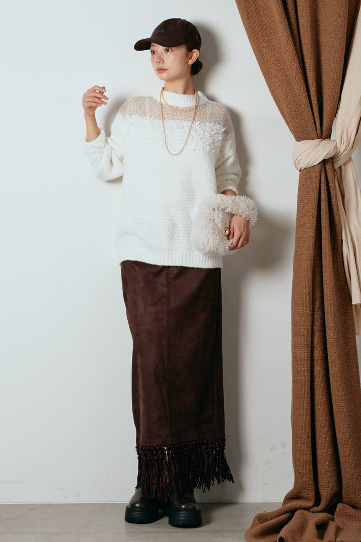 [SET]パターンランダム編みニットトップス+スウェードライク裾フリンジスカート(2set)