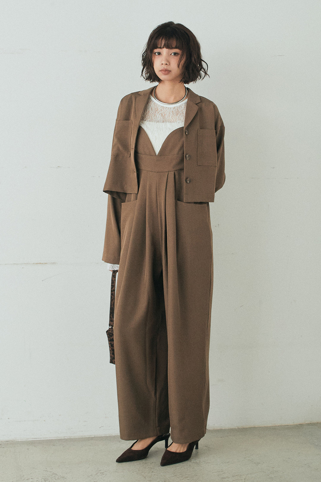 [SET]バックジップデザインショートツイルジャケット+キャミロングオールインワン(2set)