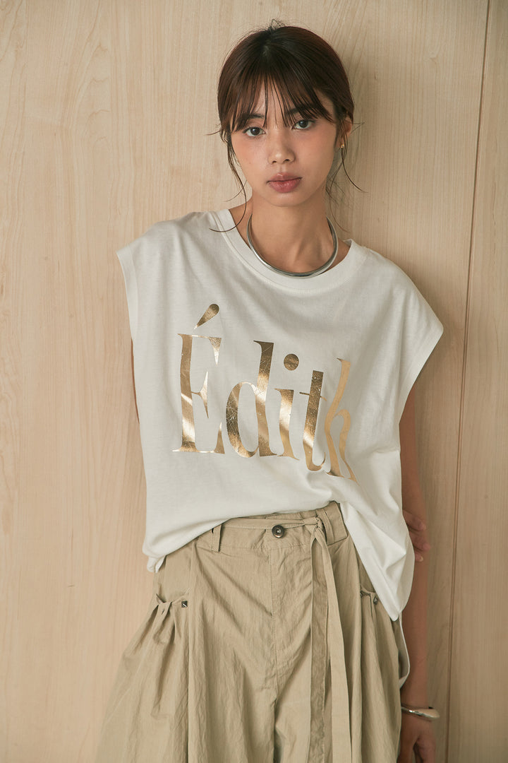 [SET]箔ロゴプリントノースリーブTシャツ+スタッズ付きポケットタックパンツ(2set)