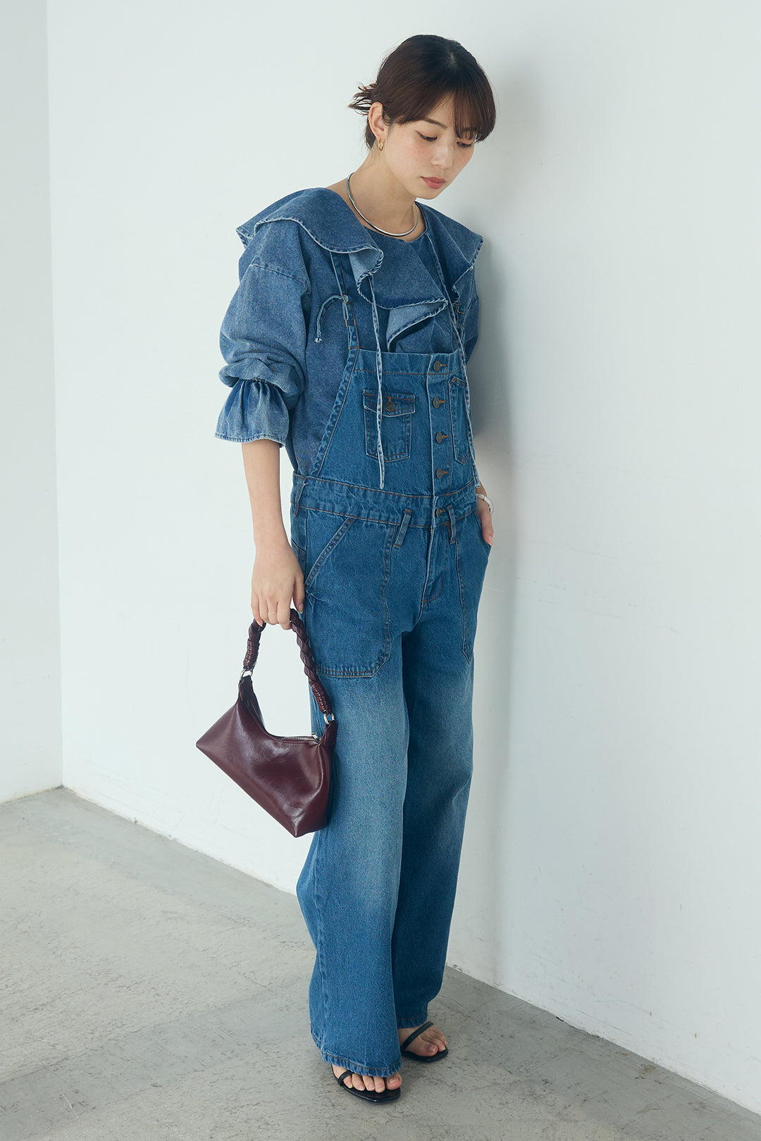 [SET]デニムフリルブラウス+デニムサロペットワイドパンツ(2set)