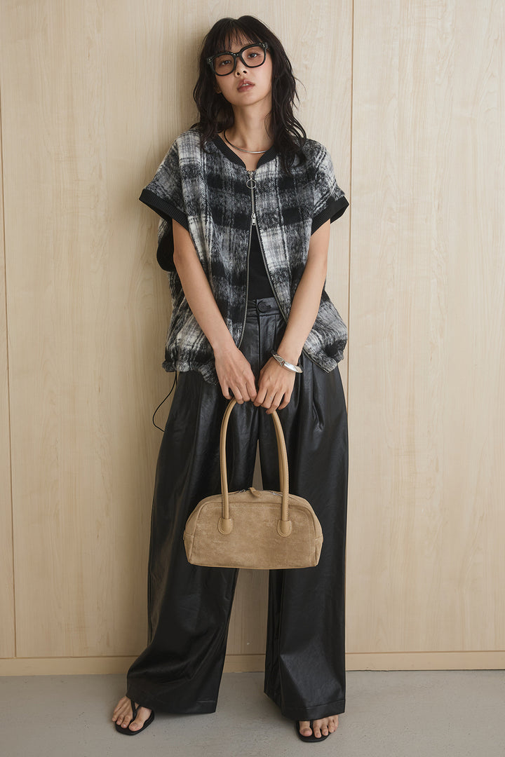 [SET]シャギーチェックベストブルゾン+レザーライクタックワイドパンツ(2set)