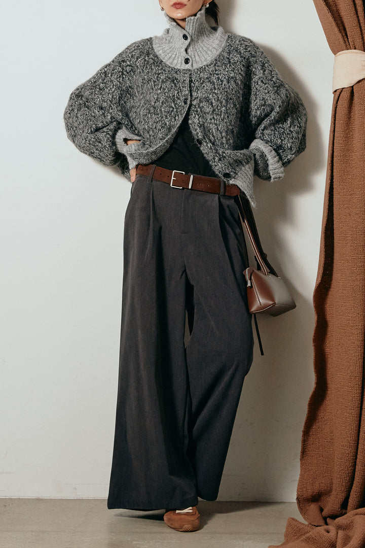 [SET]ハイネックミックスニットトップス+太ベルト付きコーデュロイタックパンツ(2set)