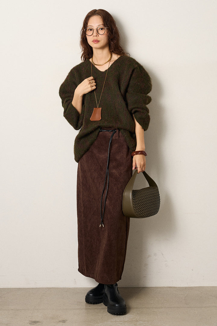 [SET]フラッフィーレオパードシャギーニット+ロープベルト付きスウェード調スカート(2set)