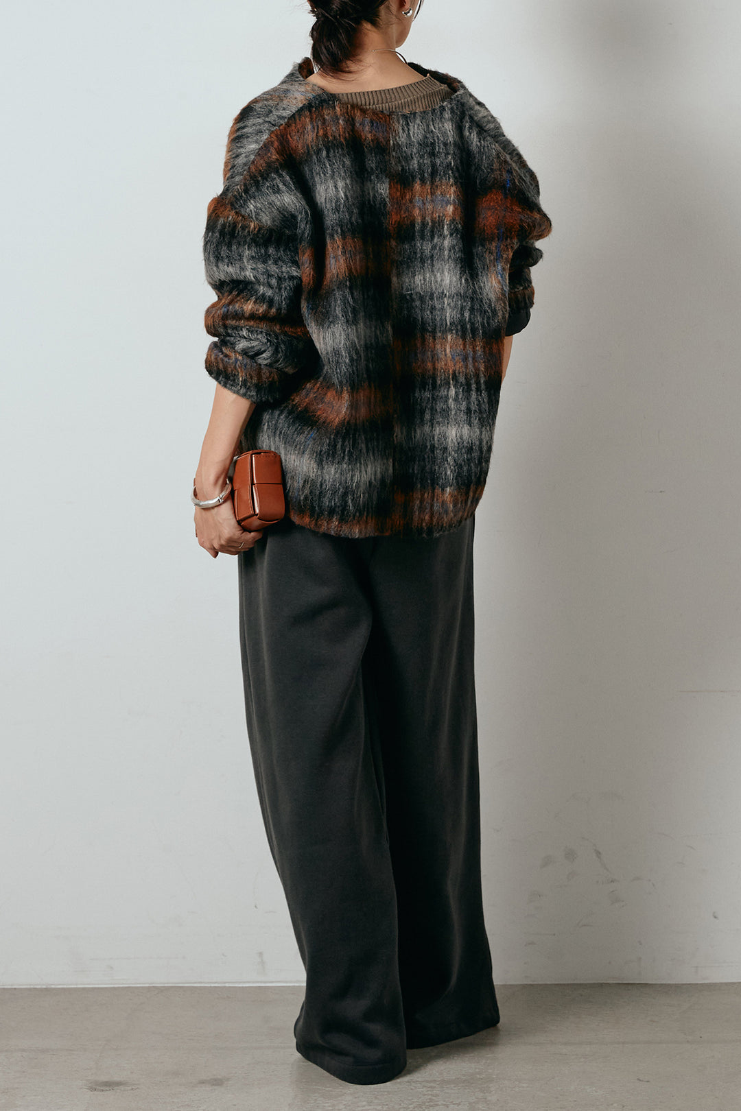 [SET]ノーカラーシャギーチェックアウター+裏起毛スウェットワイドパンツ(2set)