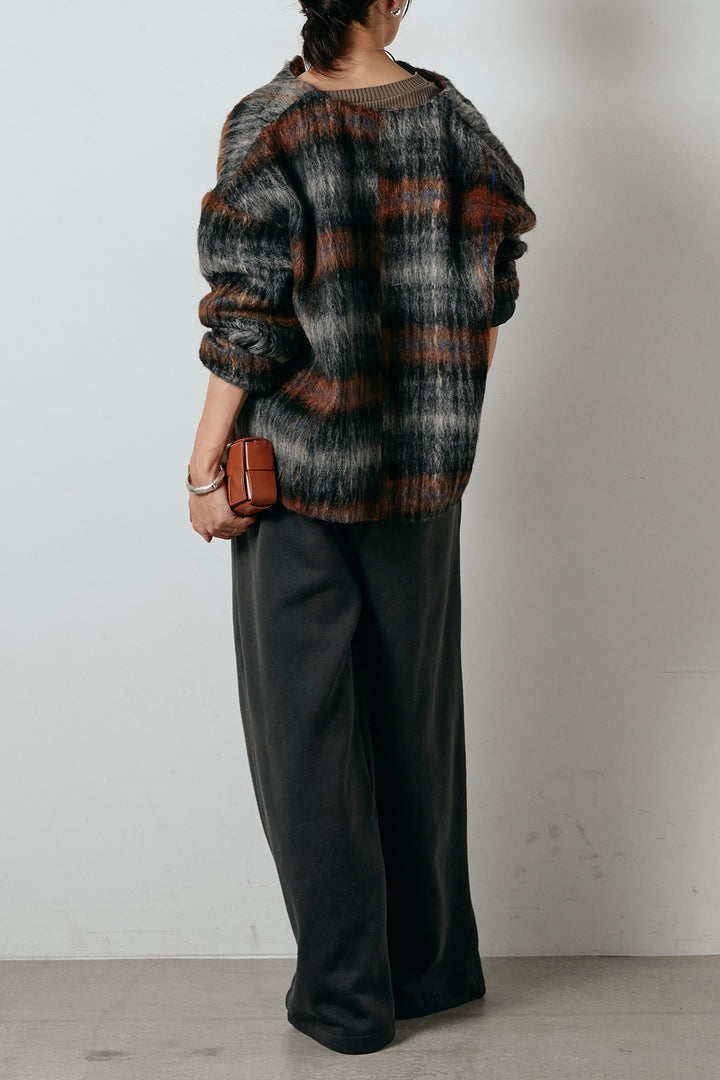 [SET]ノーカラーシャギーチェックアウター+裏起毛スウェットワイドパンツ(2set)