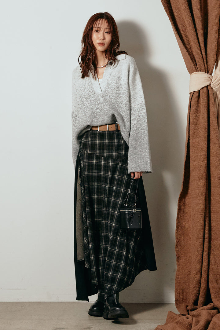 [SET]グラデーションラメニットキーネックプルオーバー+フェイクレザーベルト付き切り替えタータンチェックスカート(2set)