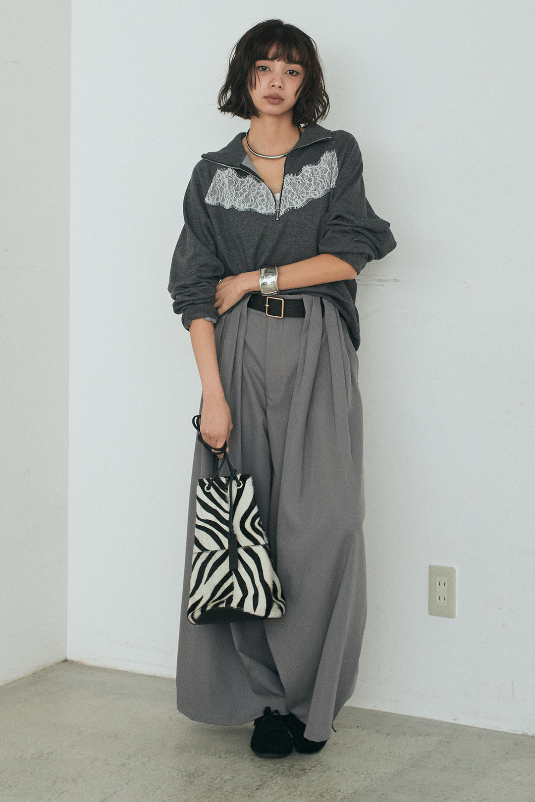 [SET]リバーレースハーフジップ裏毛スウェット+ベルト付きタックデザインハイウエストロングパンツ(2set)