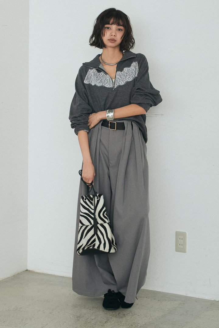 [SET]リバーレースハーフジップ裏毛スウェット+ベルト付きタックデザインハイウエストロングパンツ(2set)