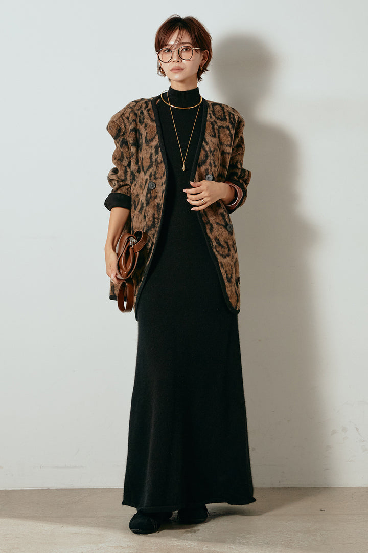 [SET]ノーカラーレオパード柄アウター+ノースリーブニットロングワンピース(2set)