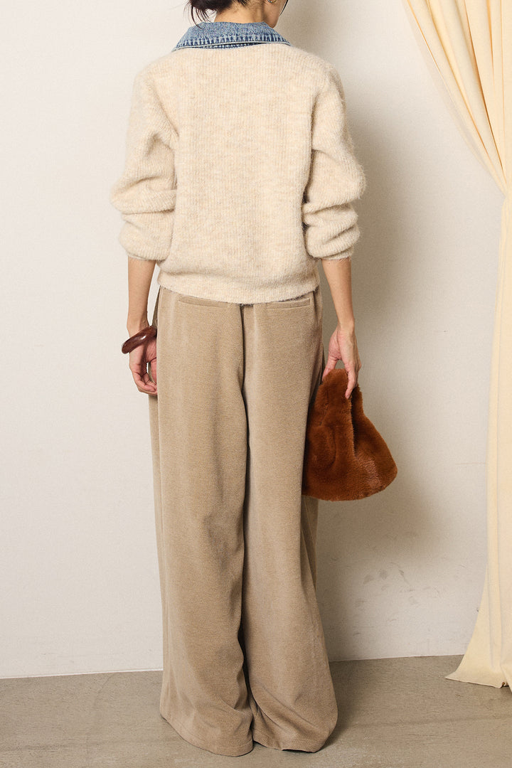 [SET]襟付きデニム切替ニットカーディガン+ベルトループコーデュロイワイドパンツ(2set)