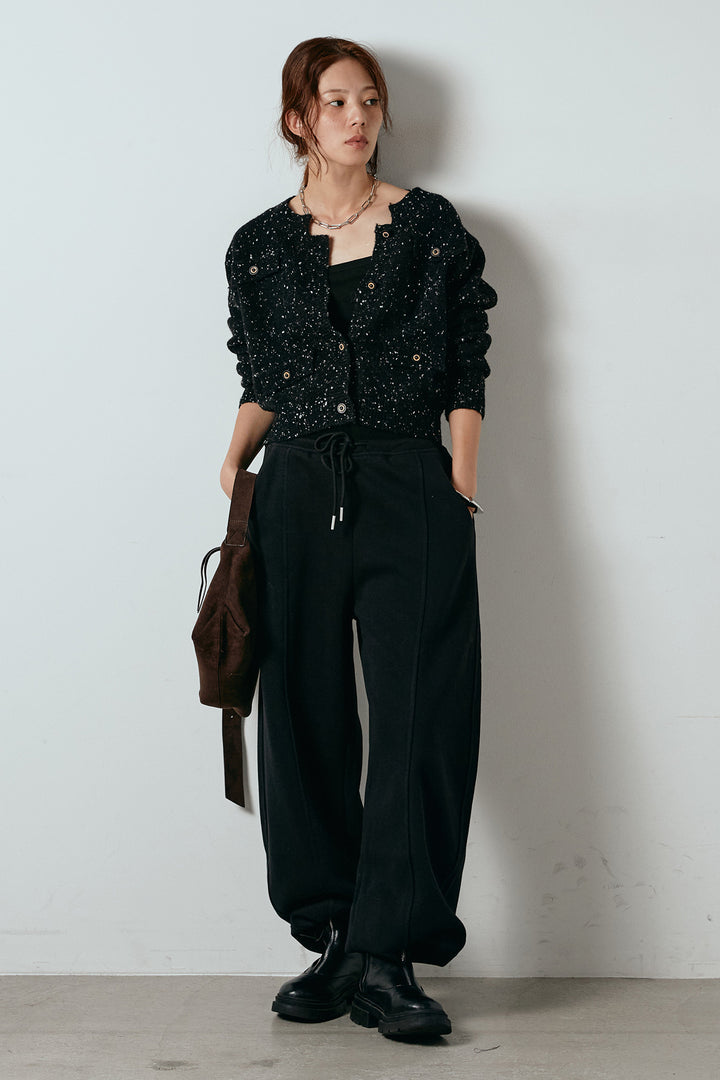 [SET]ネップニットカーディガン+スウェットワイドカーブパンツ(2set)