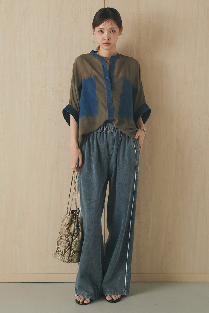 [SET]デニムライクビッグツーポケシアーシャツ+ドロストサイドラインデニムパンツ(2set)