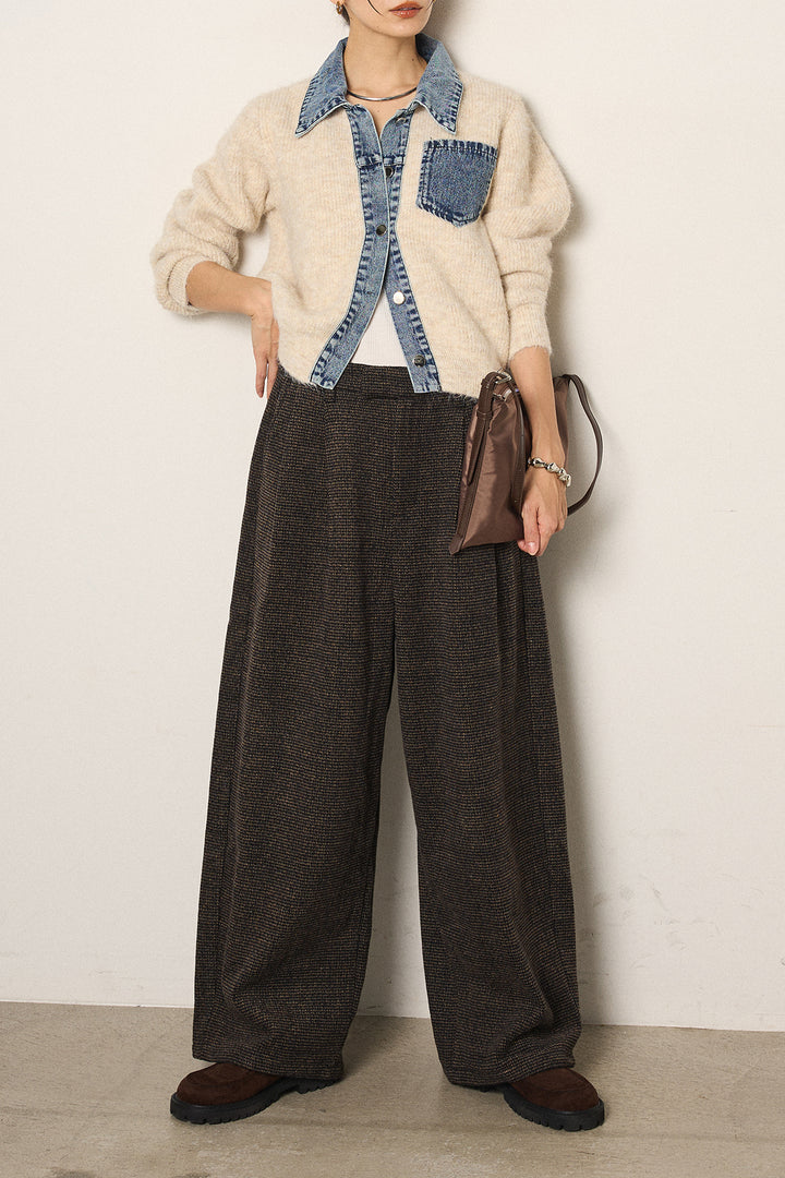 [SET]襟付きデニム切替ニットカーディガン+起毛タック入りツイードワイドパンツ(2set)