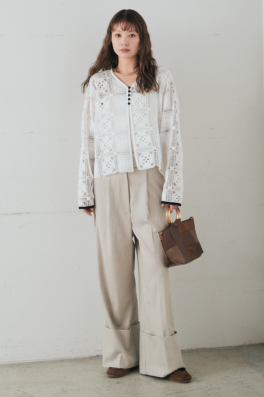 [SET]クロシェレースカーディガン+センタープレスセミワイドパンツ(2set)