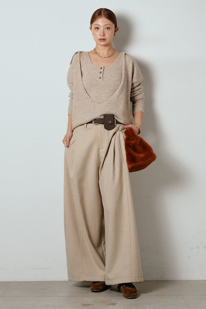 [SET]襟付きレイヤードニットトップス+ポーチベルト付きカーブパンツ(2set)