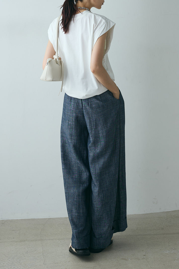 [SET]英字デザインノースリーブTシャツ+タック入りかすれ柄ワイドパンツ(2set)
