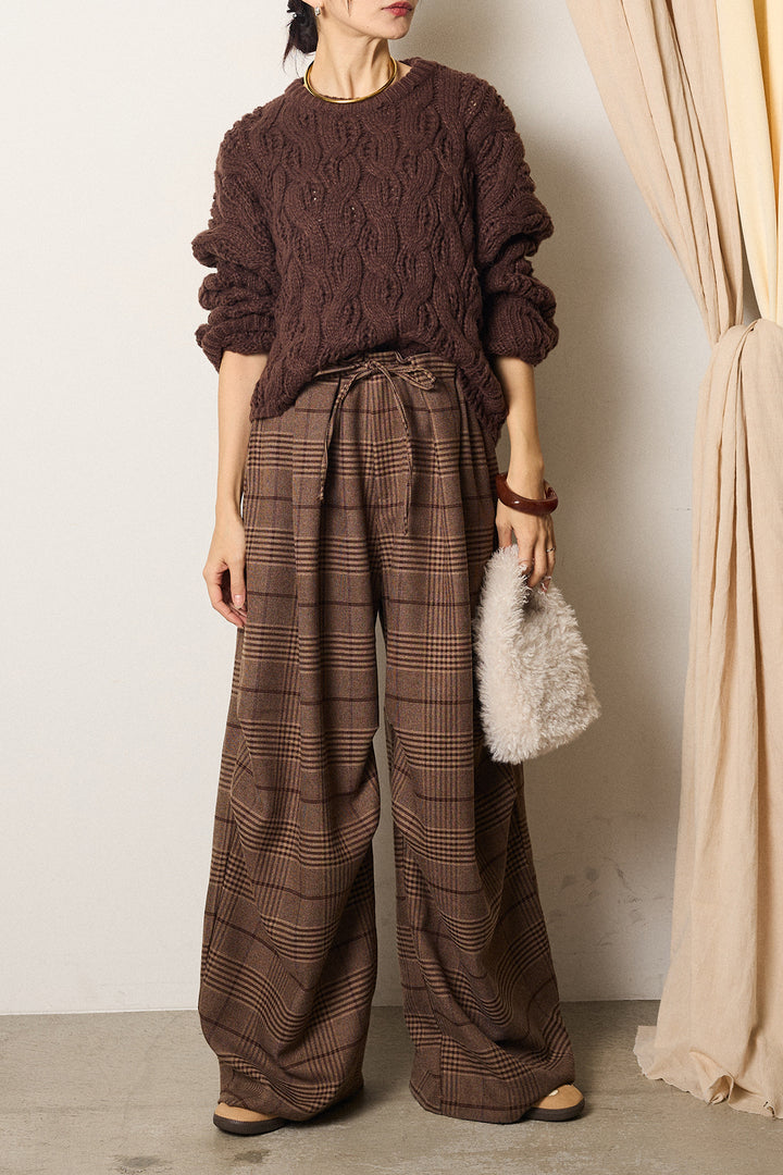 [SET]ケーブルリラックスショートニット+グレンチェックルーズタックパンツ(2set)