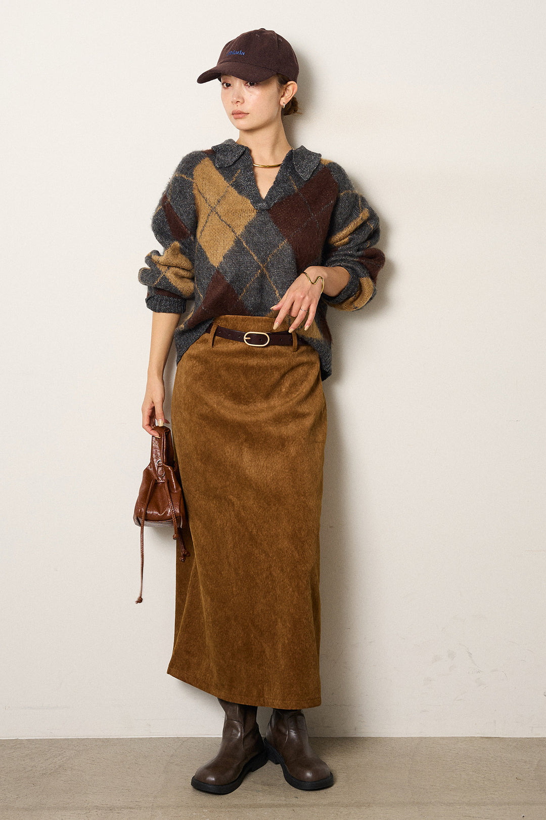 [SET]アクリルモヘアアーガイルキーネックプルオーバー+ロープベルト付きスウェード調スカート(2set)