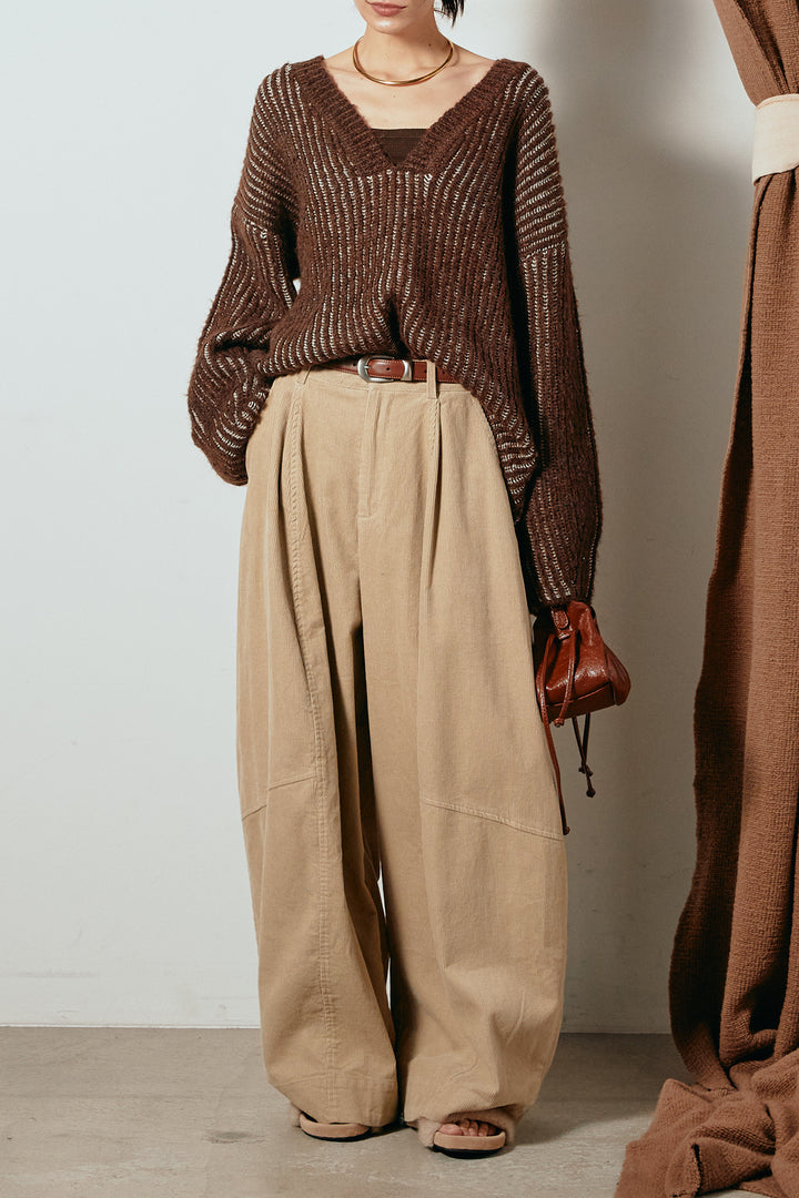 [SET]アルパカタッチ深Vニットトップス+タック入りコーデュロイワイドパンツ(2set)