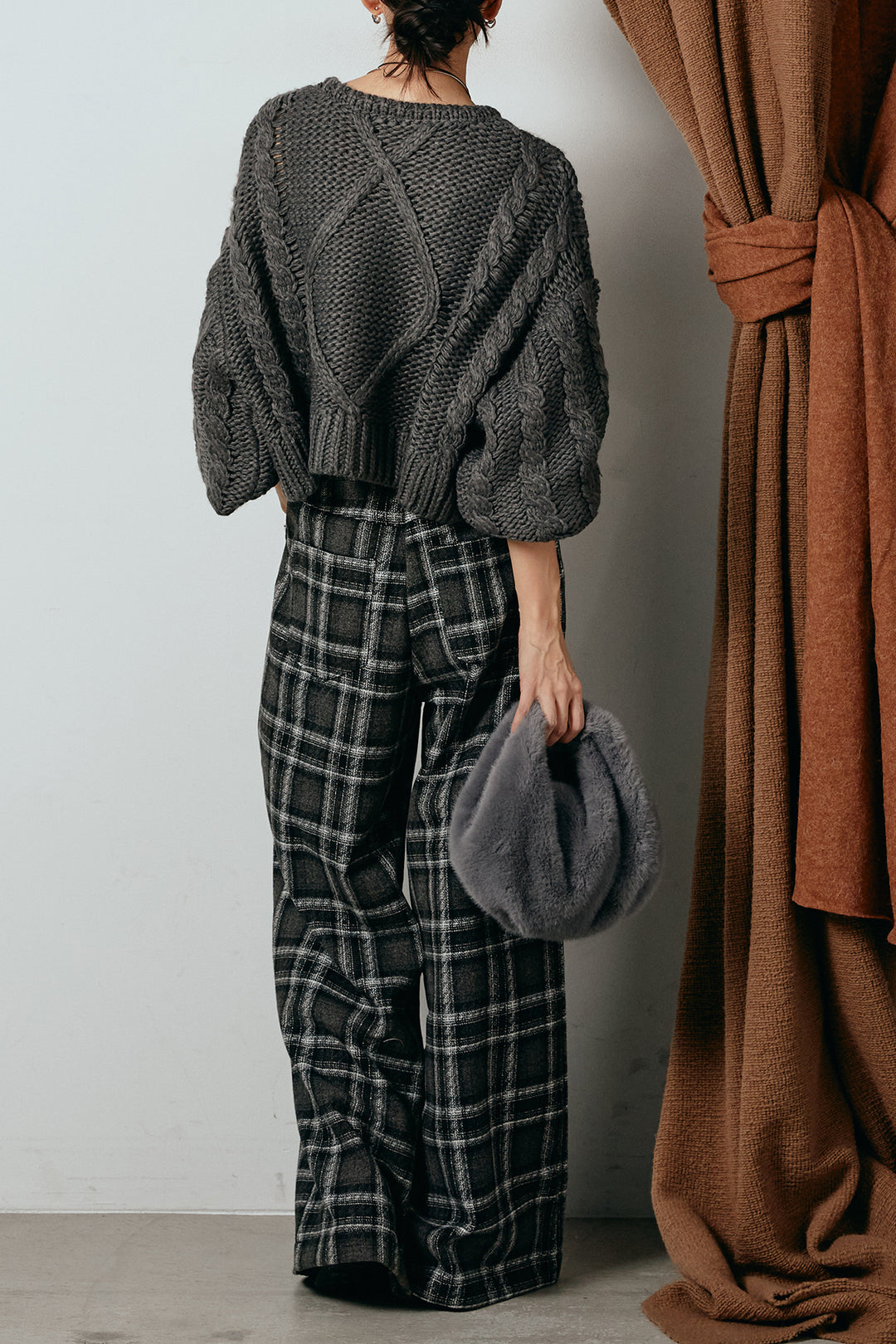 [SET]ロービングケーブルショート丈プルオーバー+ルーズタータンチェックワイドパンツ(2set)