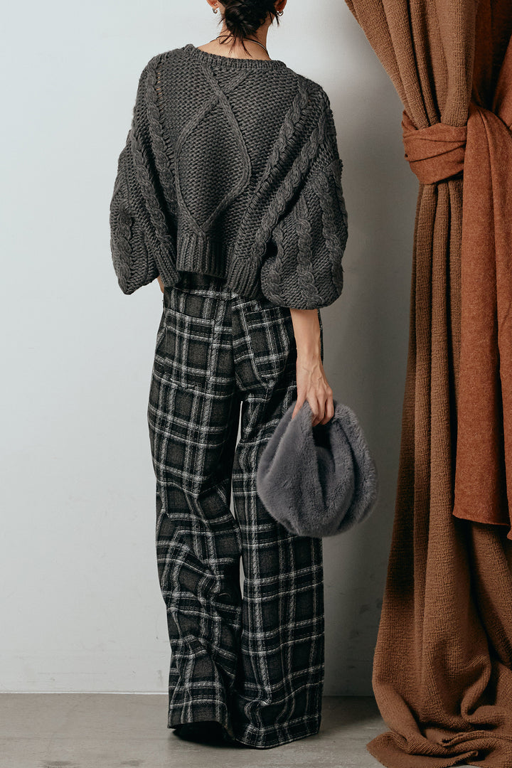 [SET]ロービングケーブルショート丈プルオーバー+ルーズタータンチェックワイドパンツ(2set)