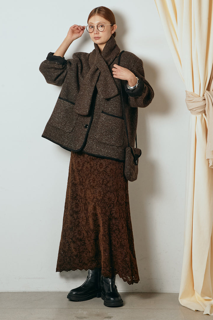 [SET]ノーカラーマフラーバッグ付きアウター+花柄刺繍ベロアフレアスカート(2set)