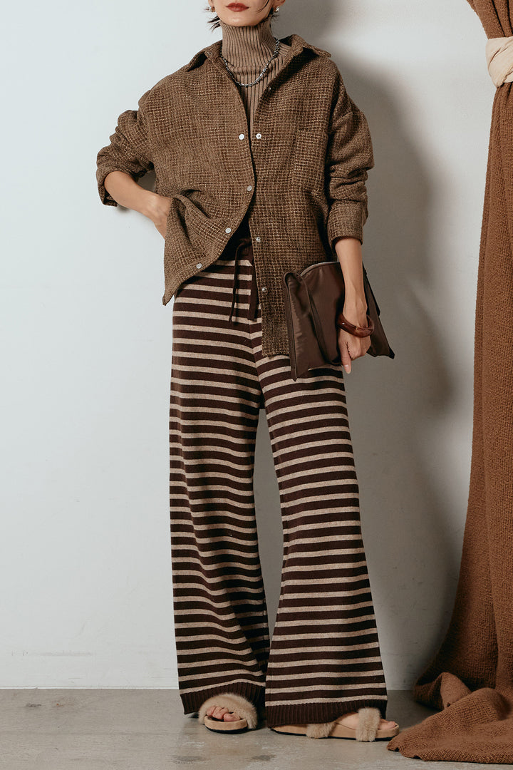 [SET]ルーズクラッシュツイルシャツ+ボーダーリラックスニットパンツ(2set)