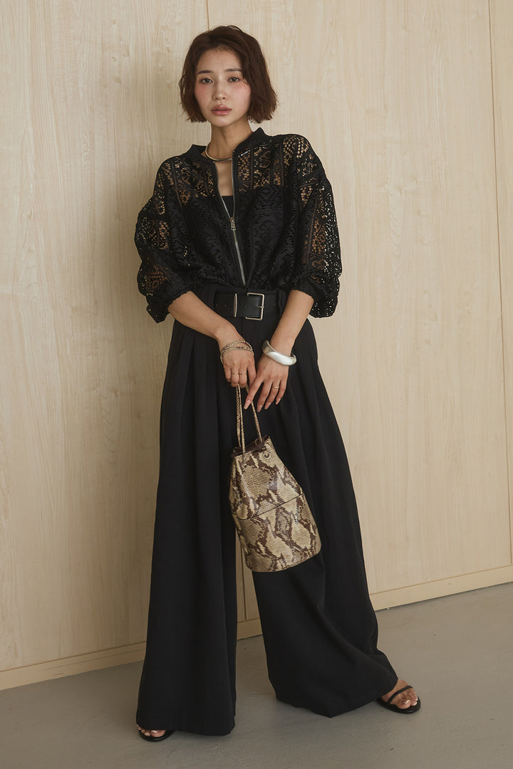 [SET]幾何レースブルゾン+ベルト付きビックループワイドパンツ(2set)