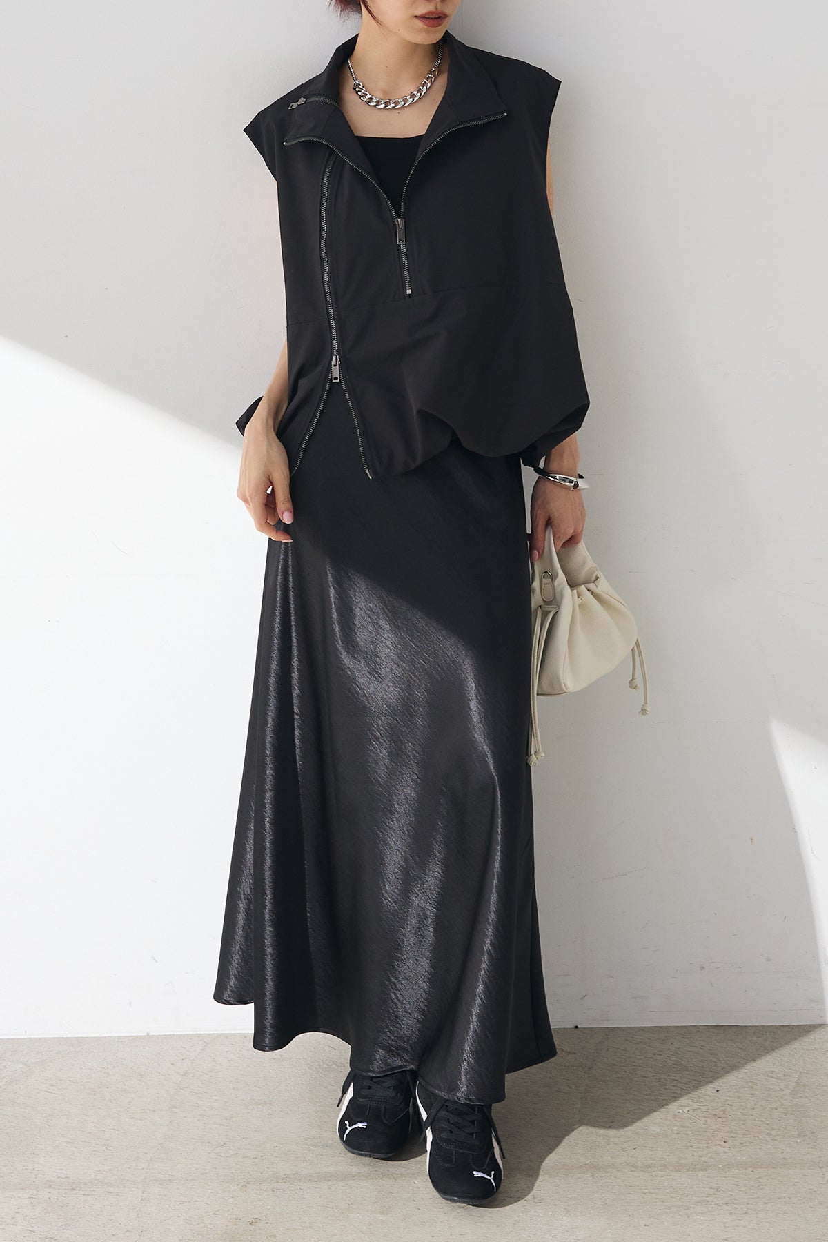 DT★Max Mara★eritrea サテンロンゲットスカート SET]ナイロンZIPBIGブルゾン+サテンロングマーメイドスカート