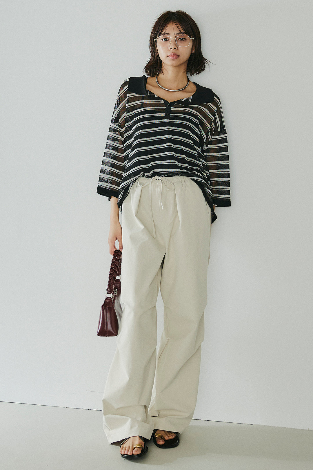 [SET]ボーダーニットポロシャツ+ニーサイドタックウエストドロスパンツ(2set)