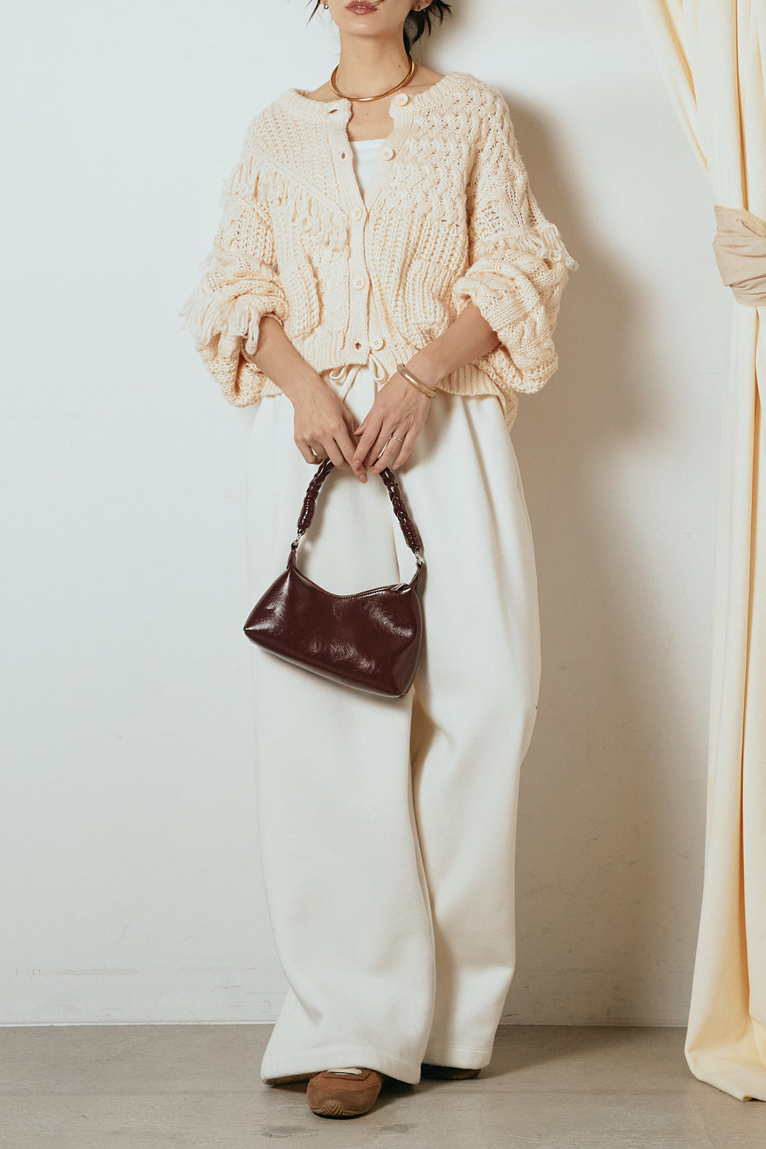 [SET]ランダムフリンジニットカーディガン+裏起毛スウェットワイドパンツ(2set)