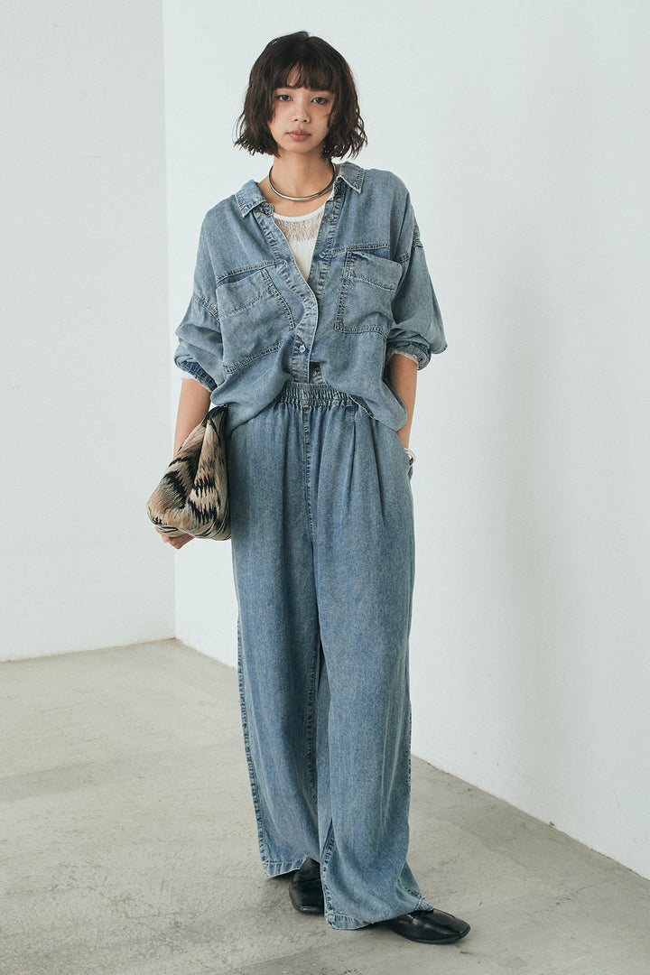 [SET]テンセルデニムシャツ+テンセルデニムイージーワイドパンツ+ストレッチレースクルーネックインナー(3set)