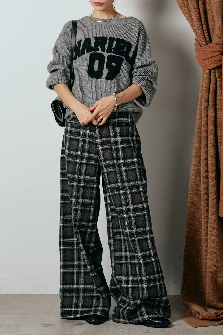 [SET]ロゴジャガードニットトップス+ルーズタータンチェックワイドパンツ(2set)
