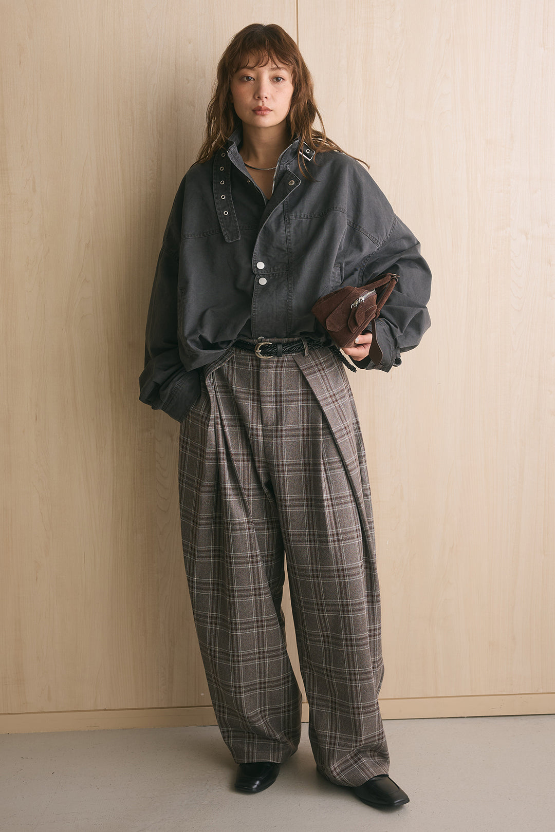 [SET]ミリタリーライクスタンドカラーブルゾン+ブリティッシュチェックバレルパンツ(2set)